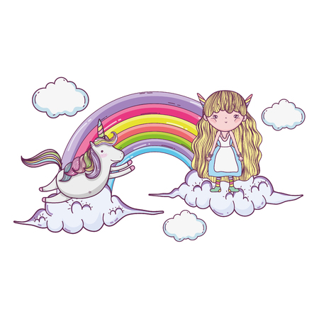 cute little fairy with rainbow and unicorn vector illustration designのイラスト素材