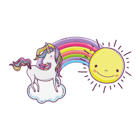 cute fairytale unicorn with rainbow and sun vector illustration designのイラスト素材