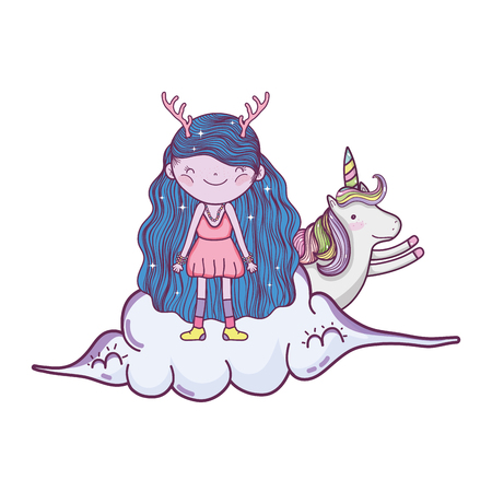cute little fairy with unicorn in the clouds vector illustration designのイラスト素材