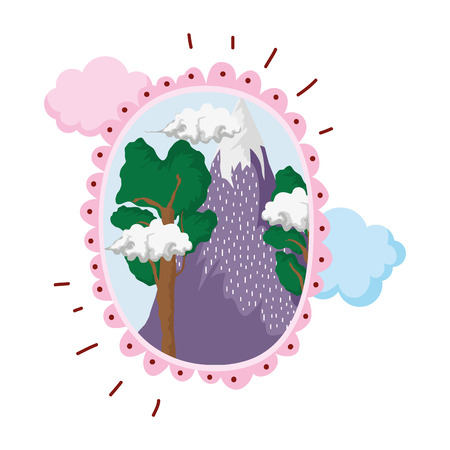 landscape with snow mountain circular frame vector illustration designのイラスト素材