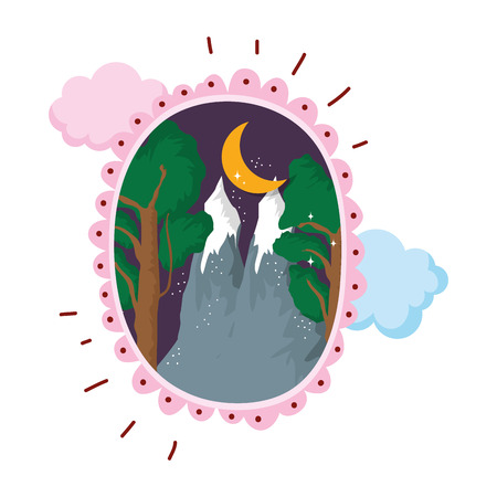 landscape with snow mountain circular frame on night vector illustrationのイラスト素材