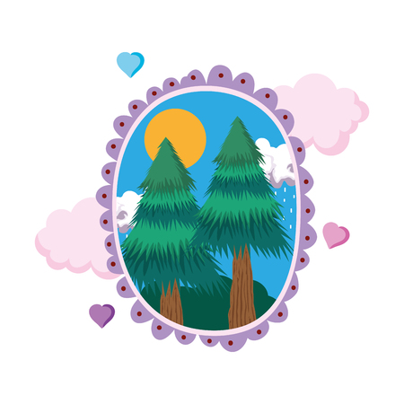 pines forest landscape in circular frame vector illustration designのイラスト素材