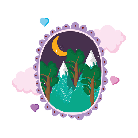 landscape with snow mountain circular frame on night vector illustrationのイラスト素材