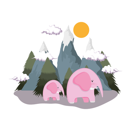 cute elephants pink couple in the landscape vector illustration designのイラスト素材