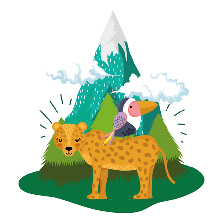 cute bird toucan with cheetah in the landscape vector illustration designのイラスト素材