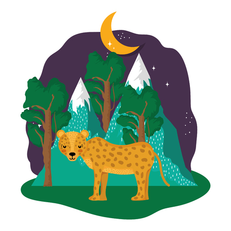 cute cheetah in the landscape on the night vector illustration designのイラスト素材