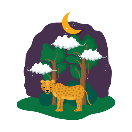 cute cheetah in the landscape on the night vector illustration designのイラスト素材