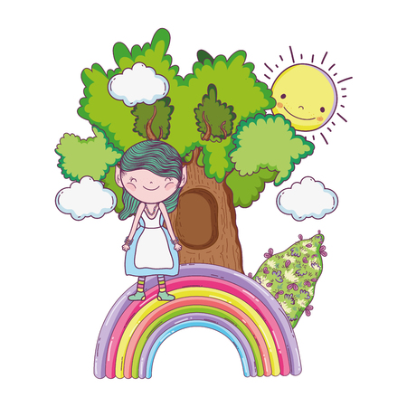 cute little fairy with tree and rainbow vector illustration designのイラスト素材