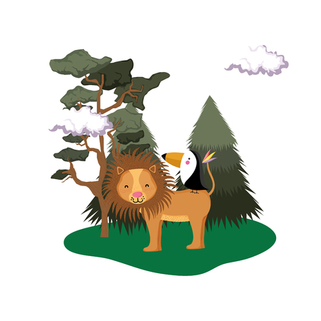 cute bird toucan with lion in the landscape vector illustration designのイラスト素材