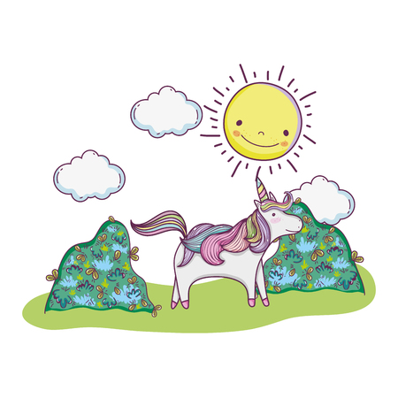 cute fairytale unicorn in the field vector illustration designのイラスト素材