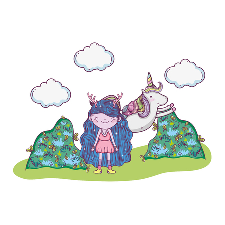 cute little fairy with unicorn in the field vector illustration designのイラスト素材