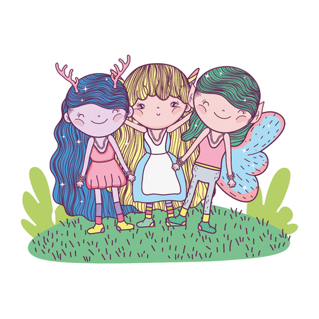cute little fairies group in the field vector illustration designのイラスト素材