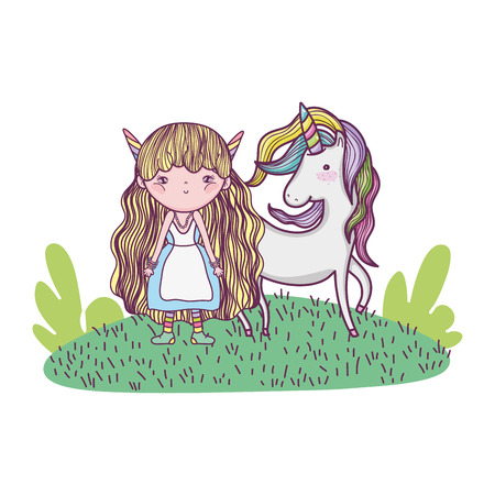 cute little fairy with unicorn in the field vector illustration designのイラスト素材