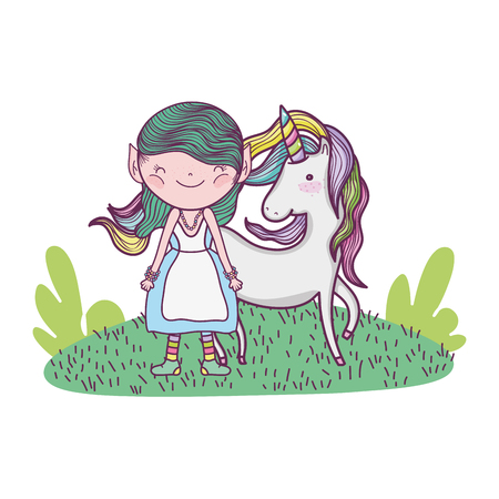 cute little fairy with unicorn in the field vector illustration designのイラスト素材