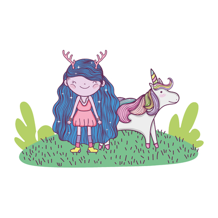 cute little fairy with unicorn in the field vector illustration designのイラスト素材