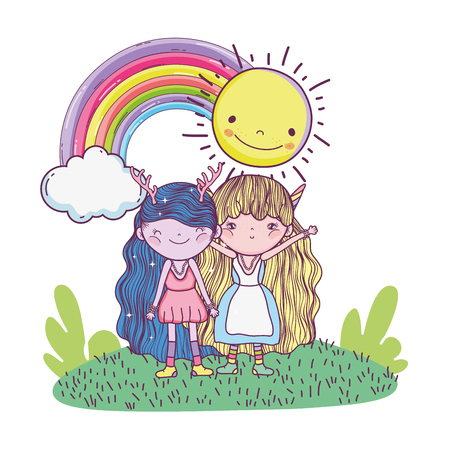 cute little fairies couple with rainbow and sun vector illustration design