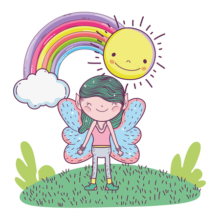 cute little fairy with rainbow in the landscape vector illustration designのイラスト素材