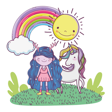 cute little fairy with rainbow and unicorn vector illustration designのイラスト素材