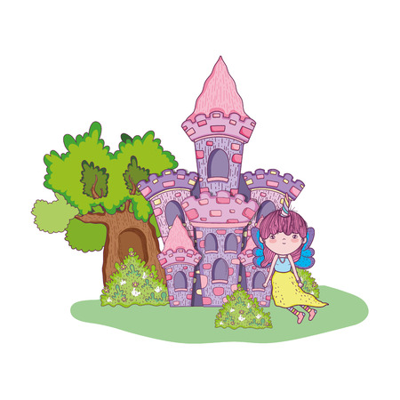 cute little fairy with castle in the landscapeのイラスト素材