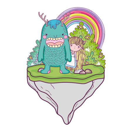 little fairy with monster in the field and rainbow vector illustration designのイラスト素材