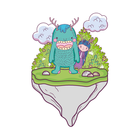 little fairy with monster in the field vector illustration designのイラスト素材