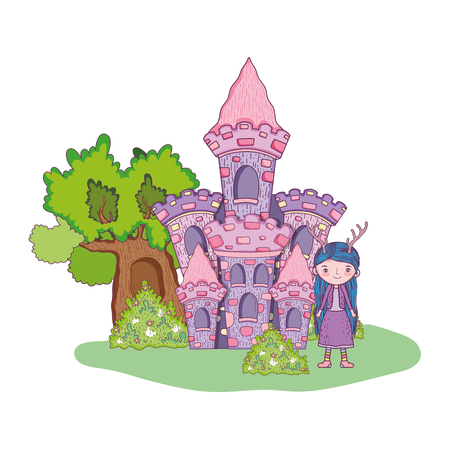 cute little fairy with castle in the landscapeのイラスト素材
