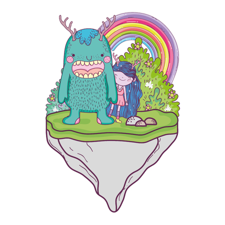 little fairy with monster in the field and rainbow vector illustration designのイラスト素材