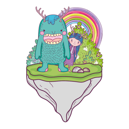 little fairy with monster in the field and rainbow vector illustration designのイラスト素材