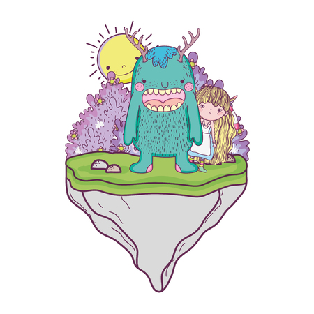 little fairy with monster in the field vector illustration designのイラスト素材