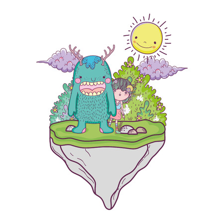 little fairy with monster in the field vector illustration designのイラスト素材