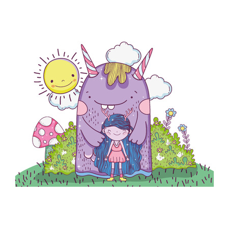 little fairy with monster in the field vector illustration designのイラスト素材