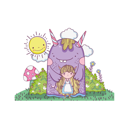 little fairy with monster in the field vector illustration designのイラスト素材