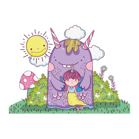 little fairy with monster in the field vector illustration designのイラスト素材