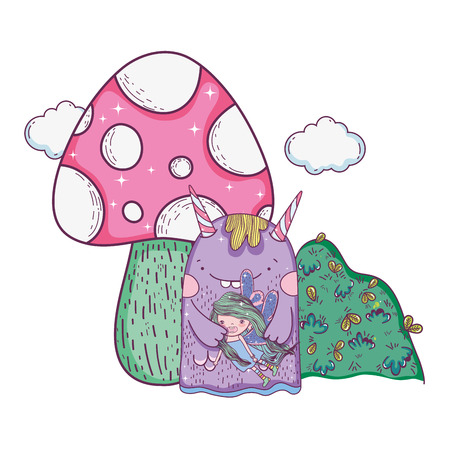 little fairy with monster and fungus vector illustration designのイラスト素材