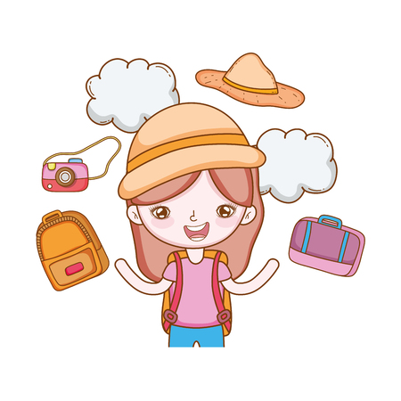 traveler with travel elements girl with hat camera suitcase in white background vector illustration graphic designのイラスト素材