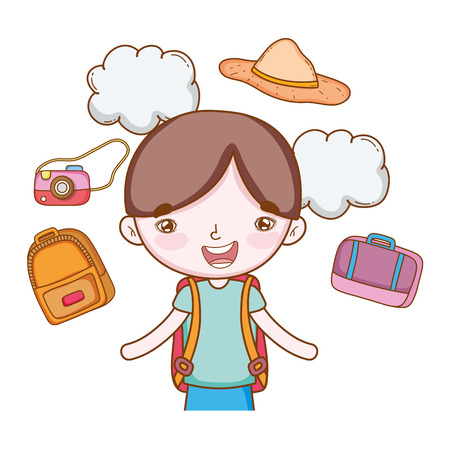 traveler with travel elements boy with hat camera backpacks suitcase in white background vector illustration graphic designのイラスト素材