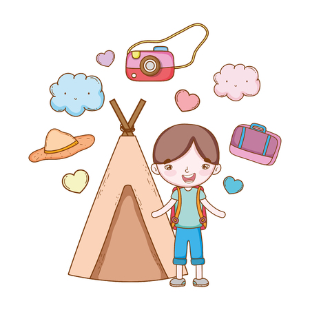 traveler with travel elements boy indian tent camera suitcase hat in white background vector illustration graphic designのイラスト素材
