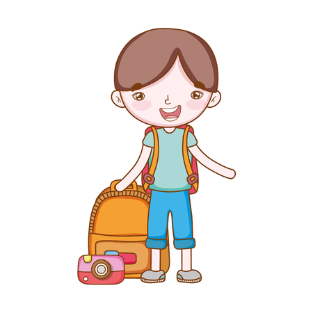 traveler with travel elements boy with camera backpacks in white background vector illustration graphic designのイラスト素材