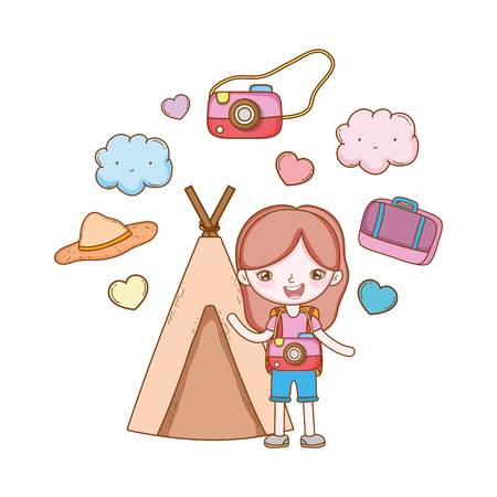 traveler with travel elements girl indian tent camera suitcase hat in white background vector illustration graphic designのイラスト素材