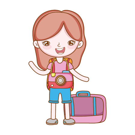 traveler with travel elements girl camera suitcase in white background vector illustration graphic designのイラスト素材