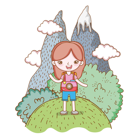 traveler ecological tourism girl with camera in snow mountain landscape vector illustration graphic designのイラスト素材