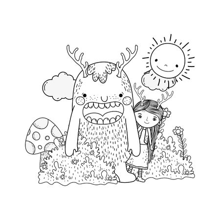 little fairy with monster in the field vector illustration designのイラスト素材