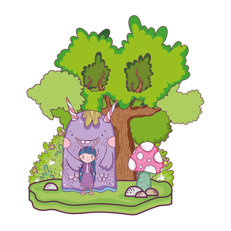 little fairy with monster in the field and tree vector illustration designのイラスト素材