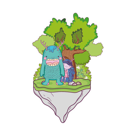 little fairy with monster in the field and tree vector illustration designのイラスト素材