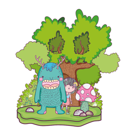 little fairy with monster in the field and tree vector illustration designのイラスト素材