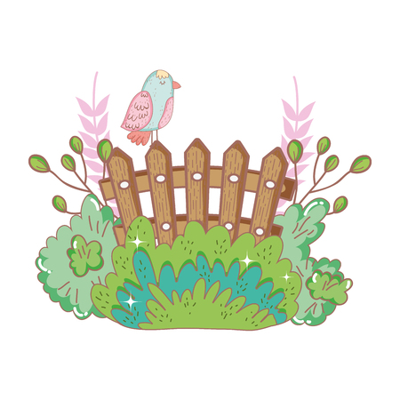 beautiful bird with bush and fence vector illustration designのイラスト素材