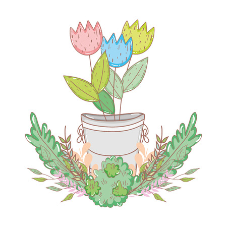 metal bucket with flowers and wreath vector illustration designのイラスト素材