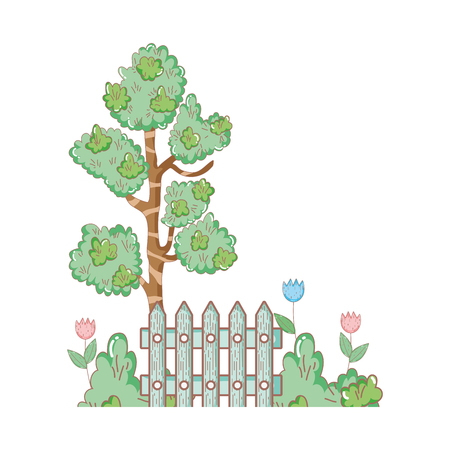 tree plant with fence and bush vector illustration designのイラスト素材