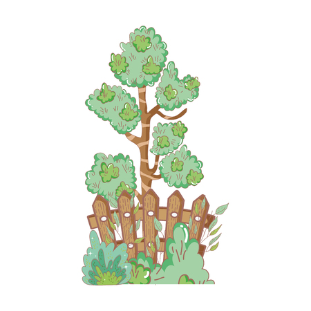 tree plant with fence and bush vector illustration designのイラスト素材