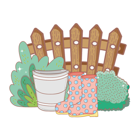 gardener boots rubber with bush and bucket vector illustration designのイラスト素材